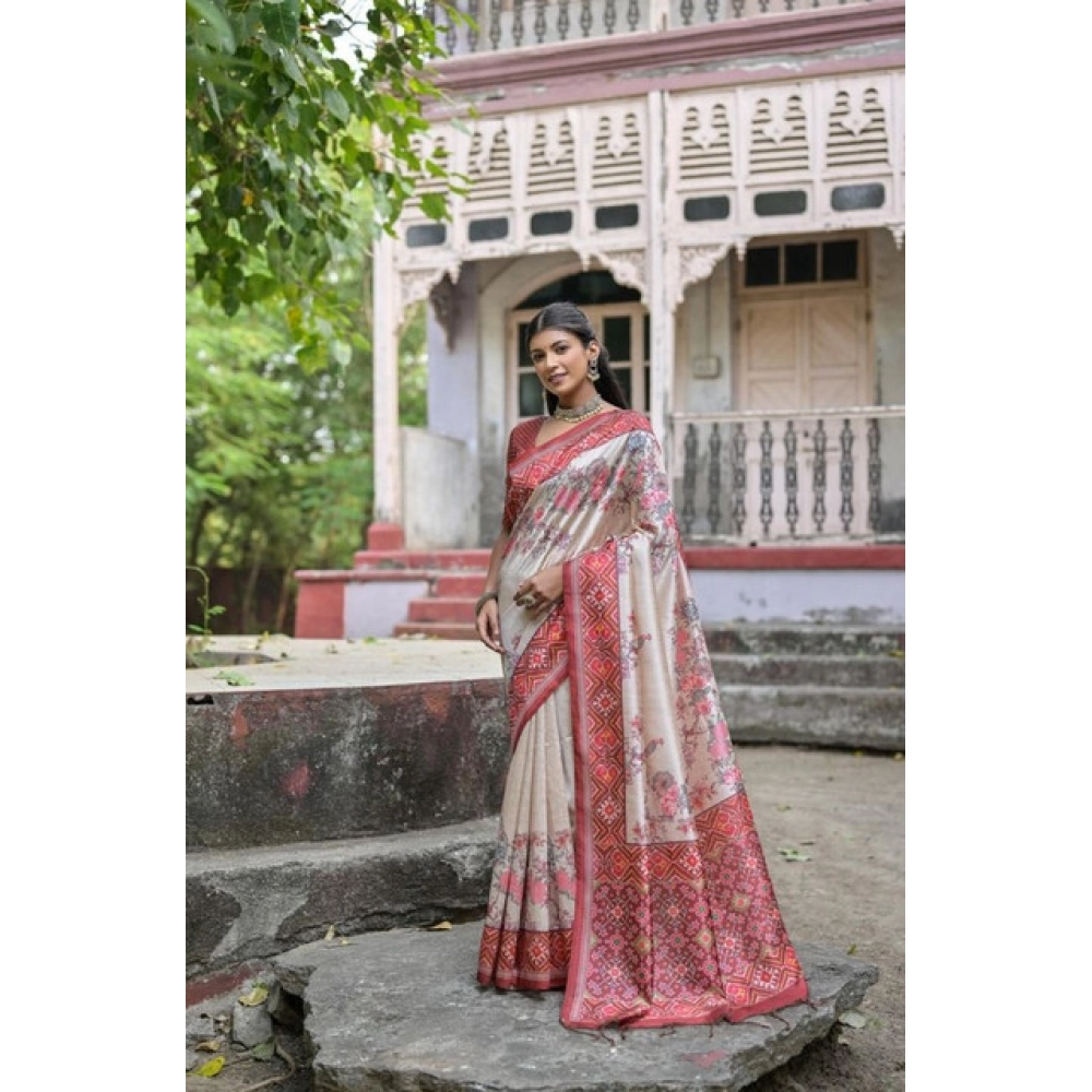 Generic Women's Faux_Tussar Floral Jal With Patola Print Saree With Unstitched Blouse 5.5Mtr (Maroon) - Image 2
