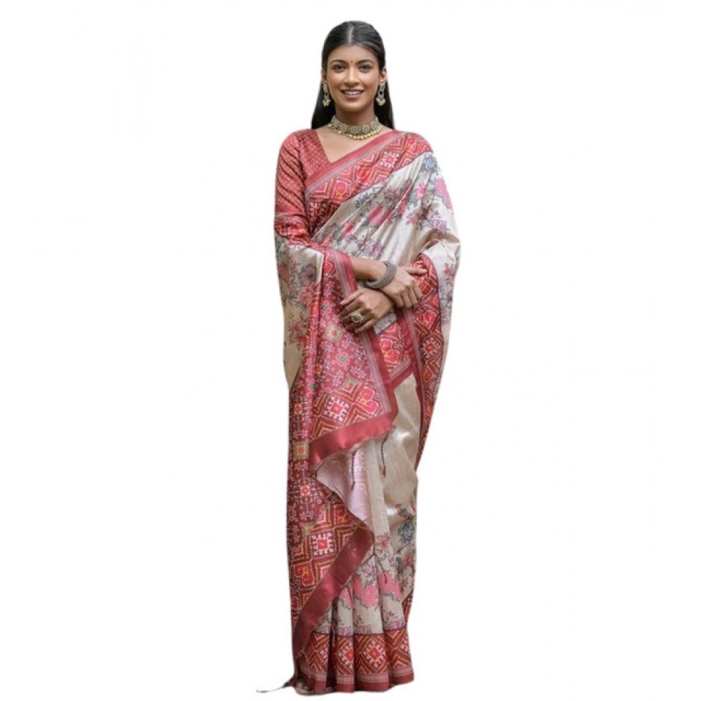 Generic Women's Faux_Tussar Floral Jal With Patola Print Saree With Unstitched Blouse 5.5Mtr (Maroon) - Image 3