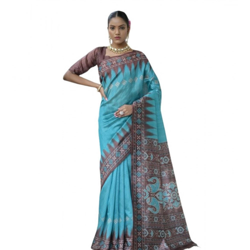 Generic Women's Faux_Tussar Ikat Saree With Unstitched Blouse 5.5Mtr (Aqua_Blue) - Image 3