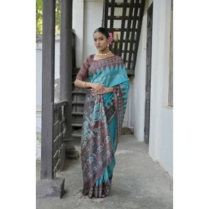 Generic Women's Faux_Tussar Ikat Saree With Unstitched Blouse 5.5Mtr (Aqua_Blue)