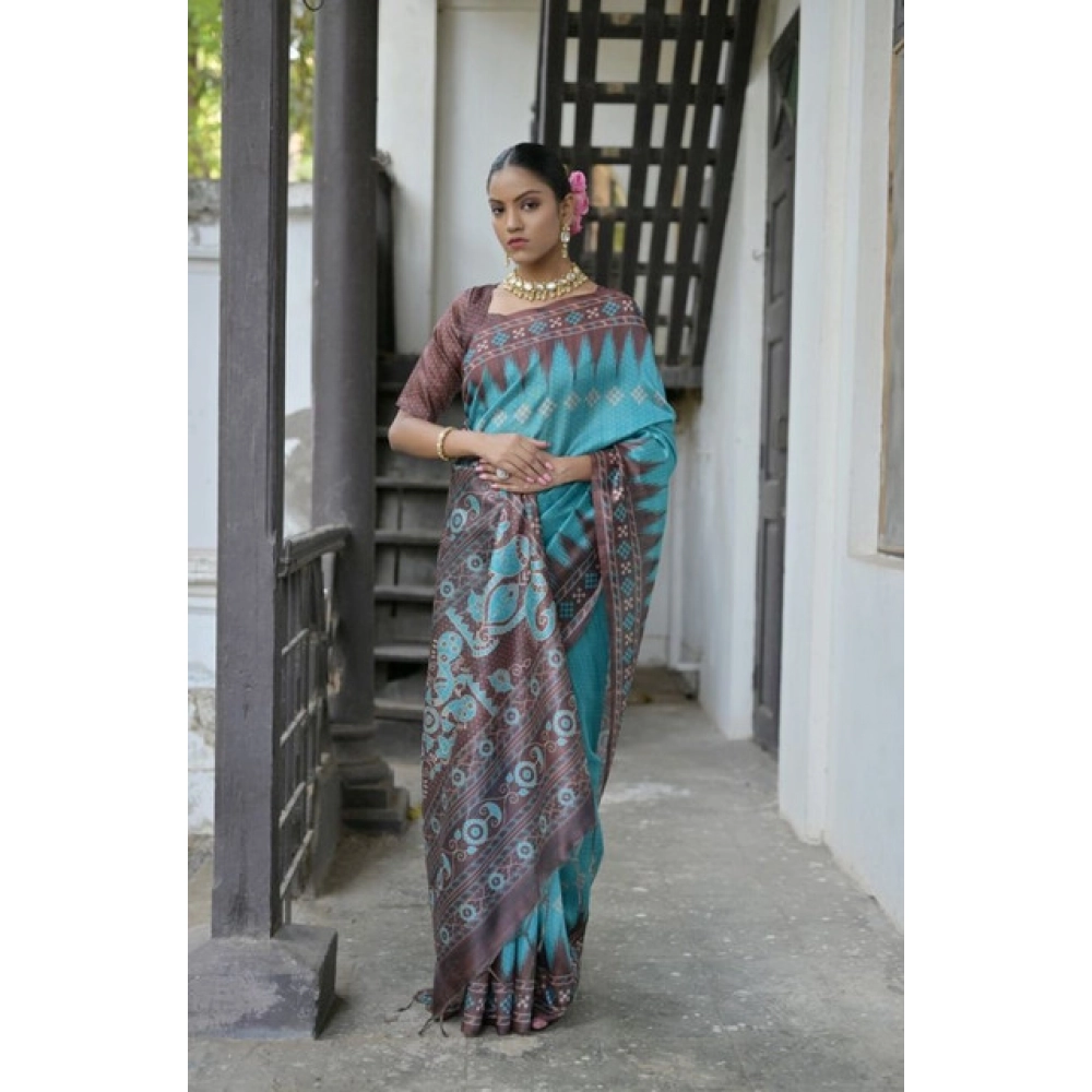 Generic Women's Faux_Tussar Ikat Saree With Unstitched Blouse 5.5Mtr (Aqua_Blue)