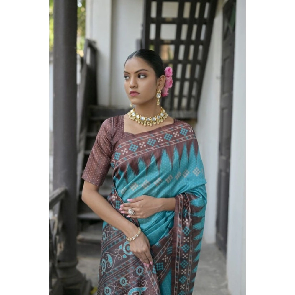 Generic Women's Faux_Tussar Ikat Saree With Unstitched Blouse 5.5Mtr (Aqua_Blue) - Image 2