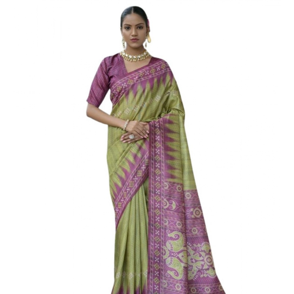 Generic Women's Faux_Tussar Ikat Saree With Unstitched Blouse 5.5Mtr (Green) - Image 3