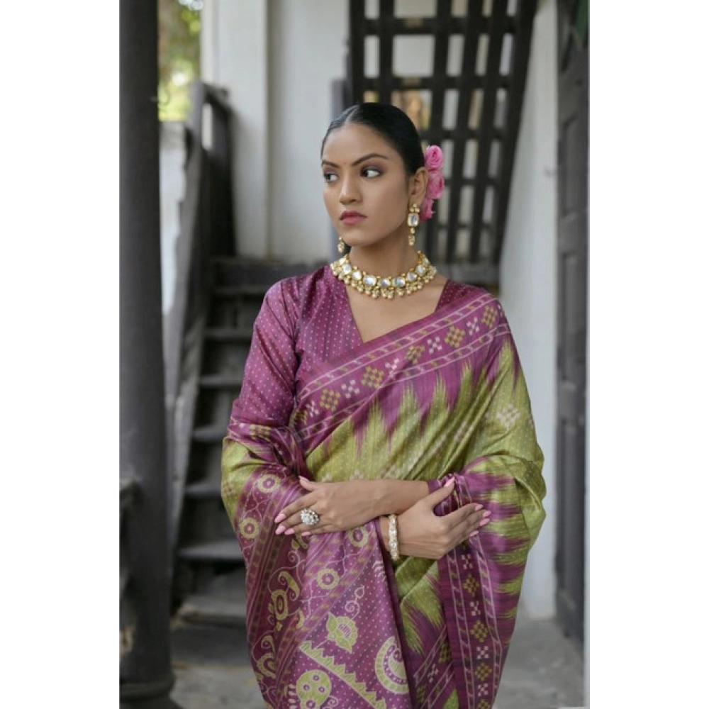 Generic Women's Faux_Tussar Ikat Saree With Unstitched Blouse 5.5Mtr (Green) - Image 2