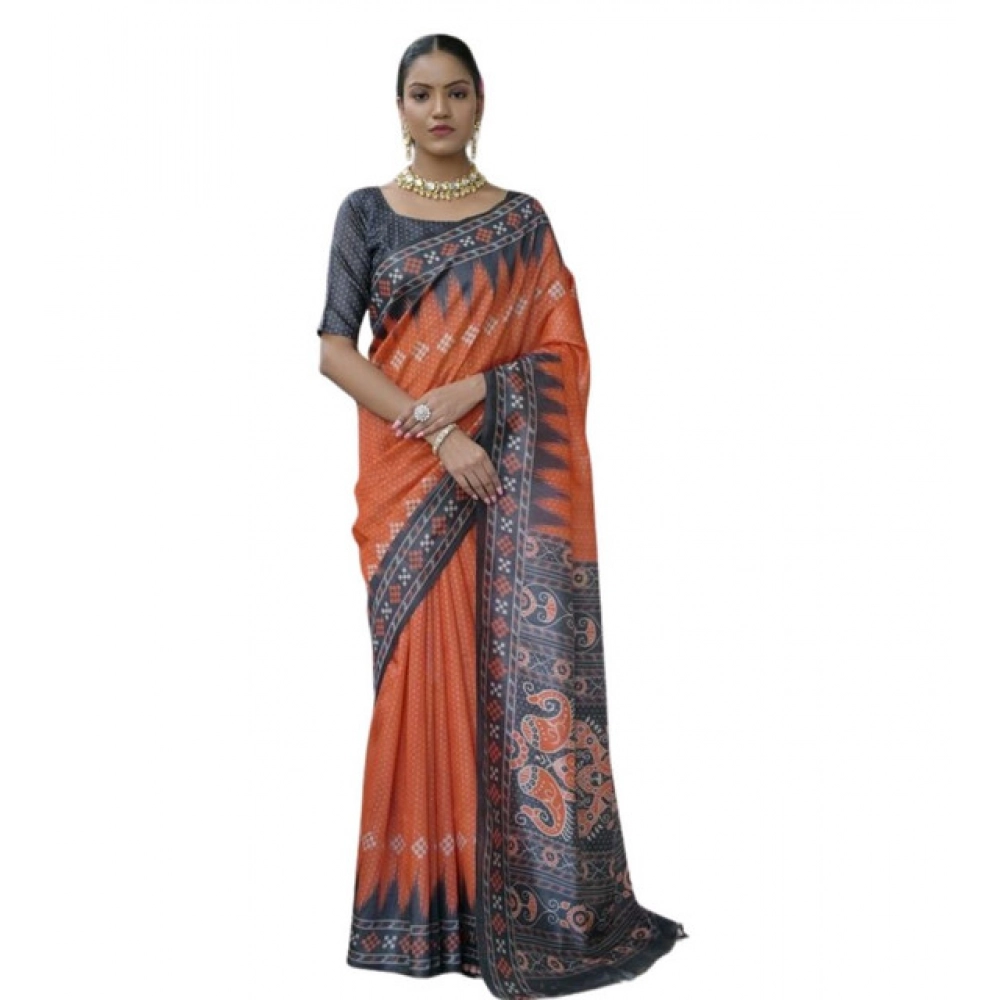 Generic Women's Faux_Tussar Ikat Saree With Unstitched Blouse 5.5Mtr (Orange) - Image 3