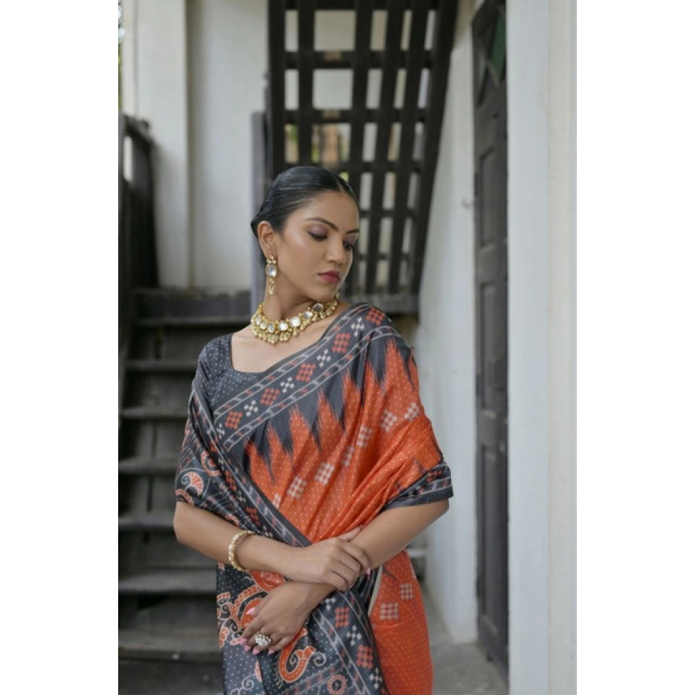 Generic Women's Faux_Tussar Ikat Saree With Unstitched Blouse 5.5Mtr (Orange) - Image 2