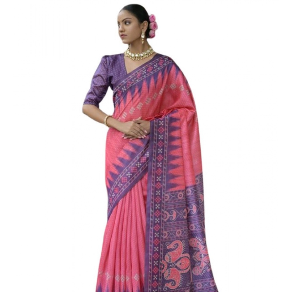 Generic Women's Faux_Tussar Ikat Saree With Unstitched Blouse 5.5Mtr (Peach) - Image 3