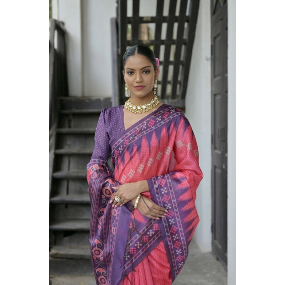 Generic Women's Faux_Tussar Ikat Saree With Unstitched Blouse 5.5Mtr (Peach) - Image 2