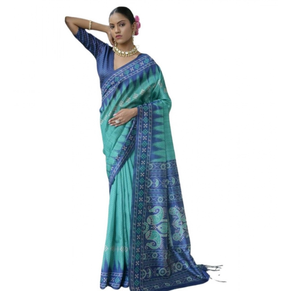 Generic Women's Faux_Tussar Ikat Saree With Unstitched Blouse 5.5Mtr (Sea_Green) - Image 3