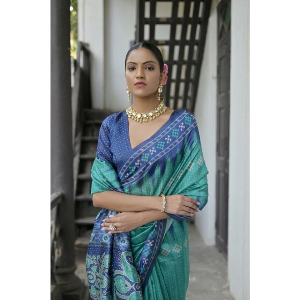 Generic Women's Faux_Tussar Ikat Saree With Unstitched Blouse 5.5Mtr (Sea_Green) - Image 2