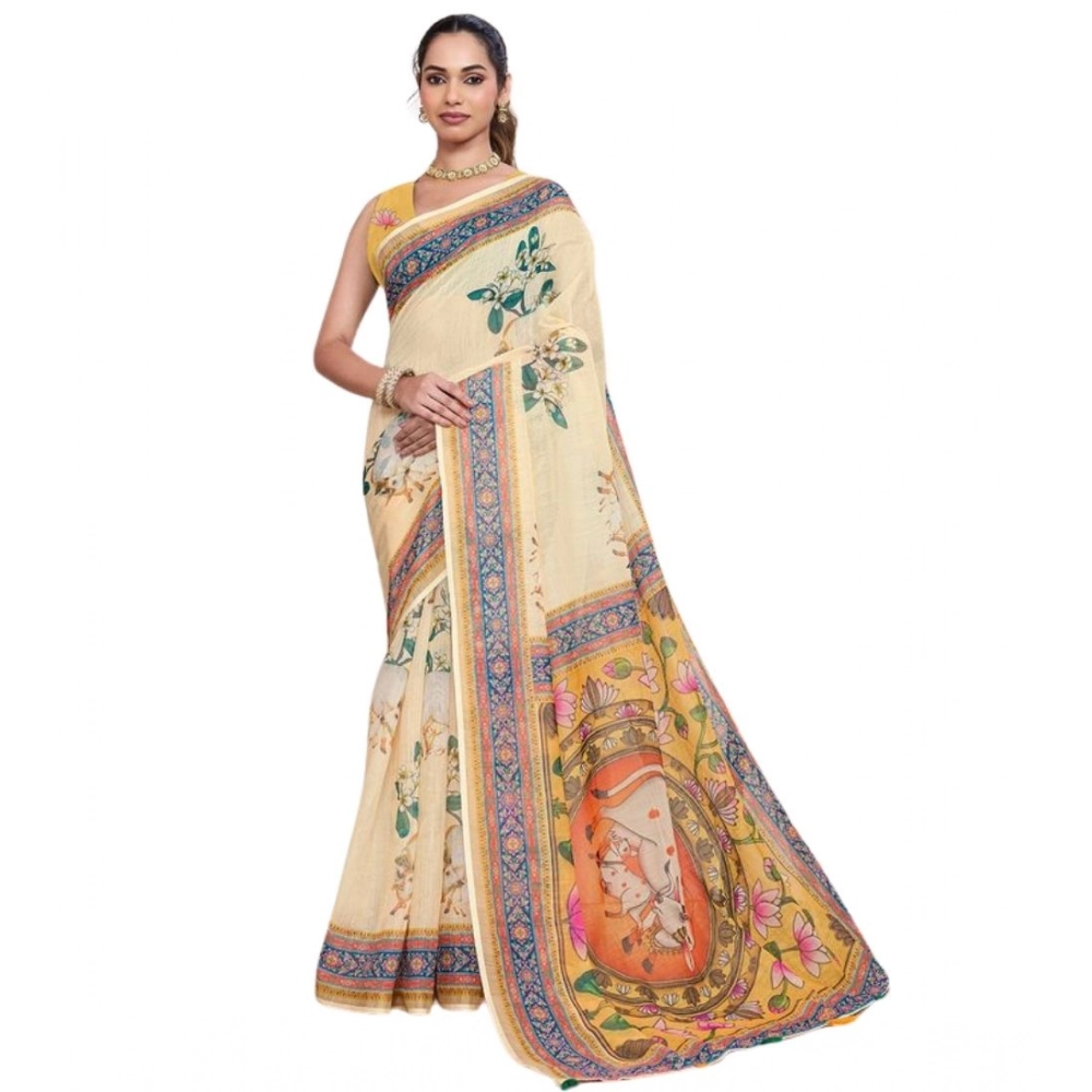 Generic Women's Linen Floral Printed Saree With Unstitched Blouse 5.5Mtr (Beige) - Image 4