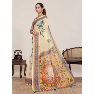Generic Women's Linen Floral Printed Saree With Unstitched Blouse 5.5Mtr (Beige)
