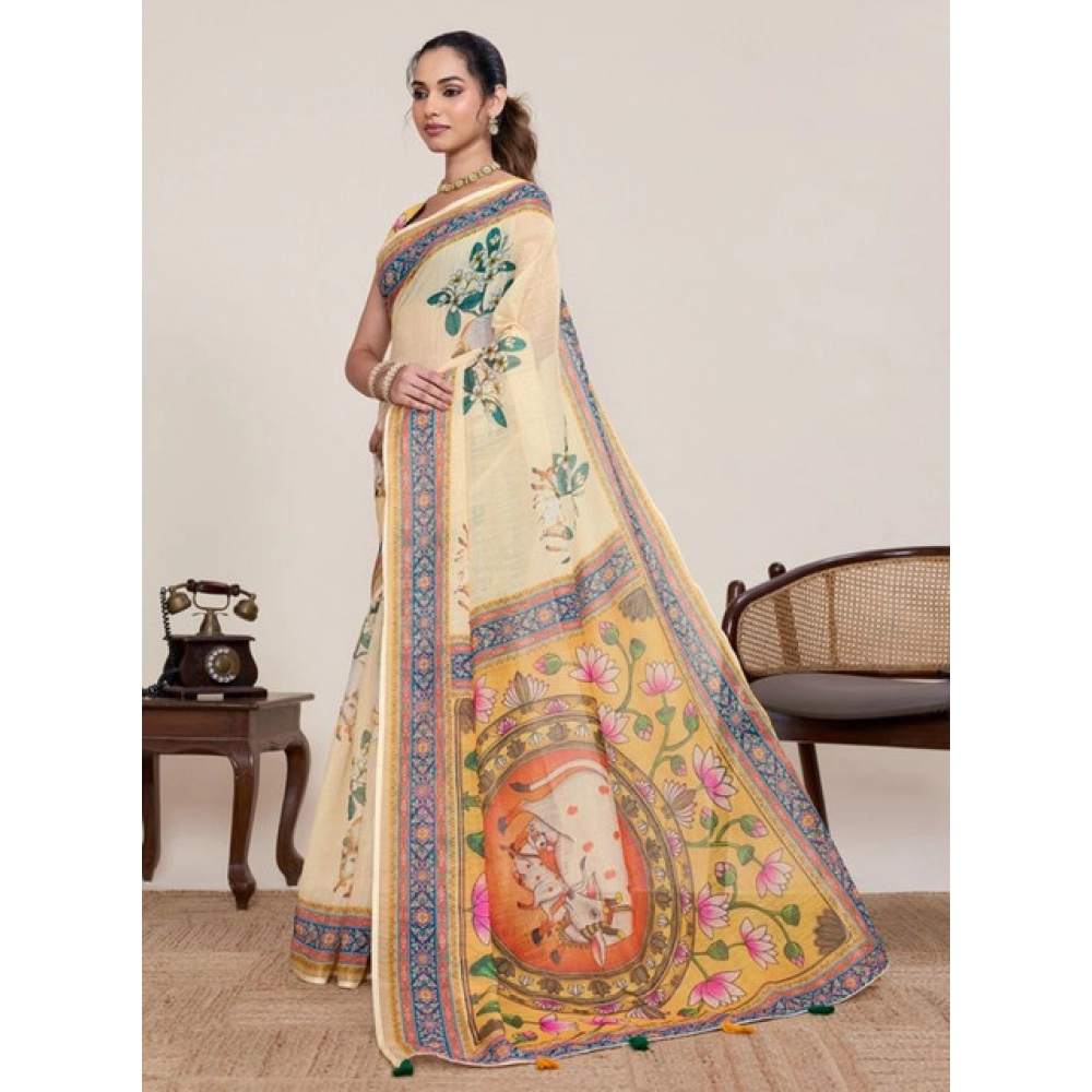 Generic Women's Linen Floral Printed Saree With Unstitched Blouse 5.5Mtr (Beige)