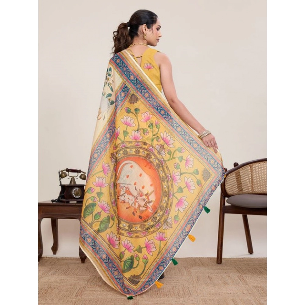 Generic Women's Linen Floral Printed Saree With Unstitched Blouse 5.5Mtr (Beige) - Image 3