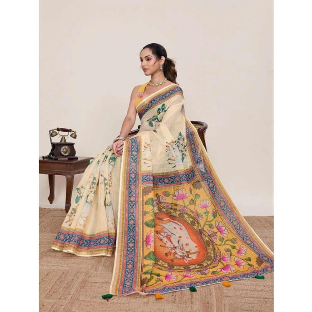 Generic Women's Linen Floral Printed Saree With Unstitched Blouse 5.5Mtr (Beige) - Image 2