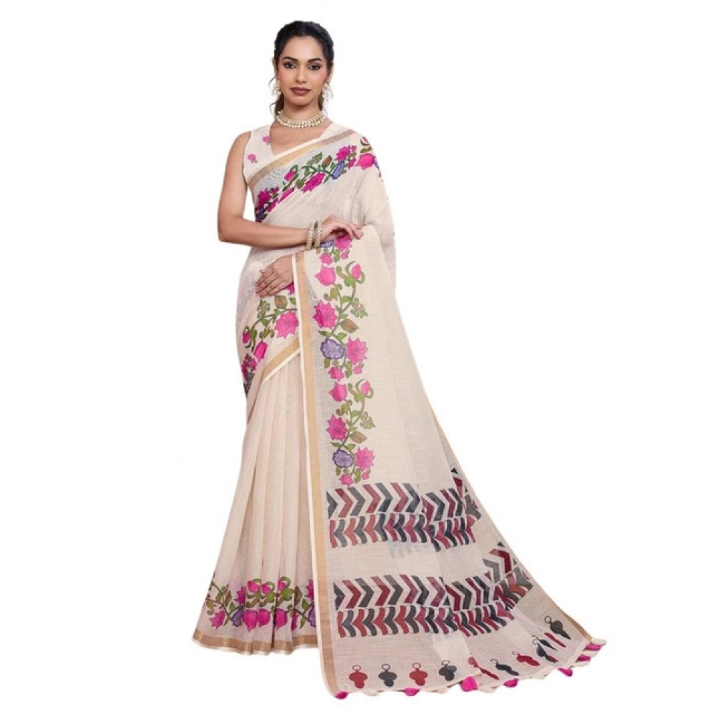Generic Women's Linen Floral Printed Saree With Unstitched Blouse 5.5Mtr (Cream) - Image 4