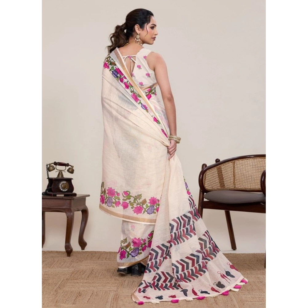 Generic Women's Linen Floral Printed Saree With Unstitched Blouse 5.5Mtr (Cream) - Image 3