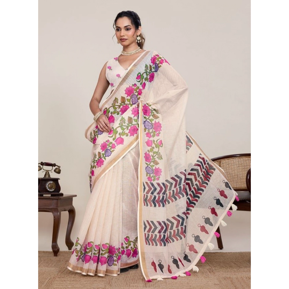Generic Women's Linen Floral Printed Saree With Unstitched Blouse 5.5Mtr (Cream) - Image 2