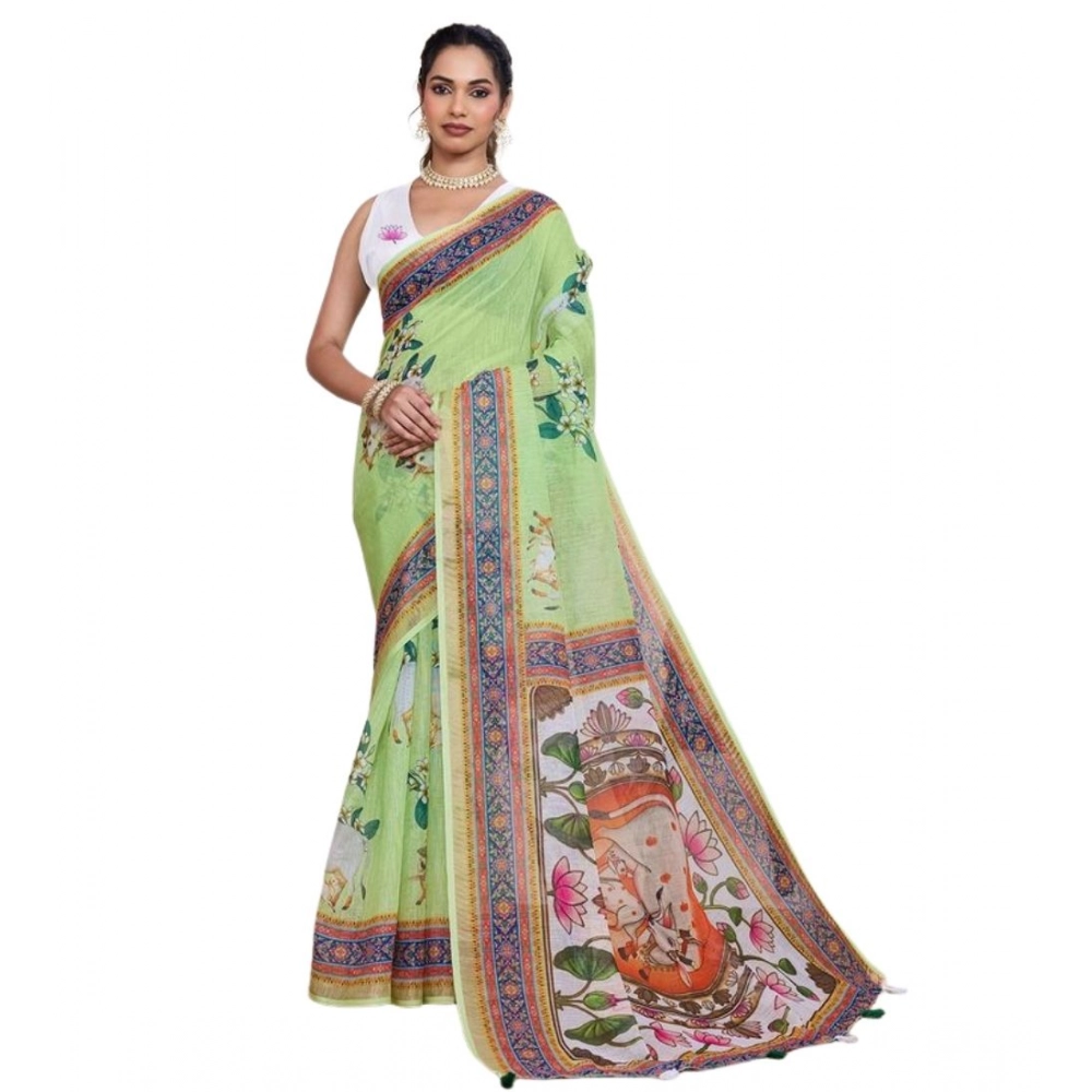 Generic Women's Linen Floral Printed Saree With Unstitched Blouse 5.5Mtr (Light Green) - Image 4