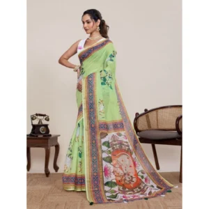 Generic Women's Linen Floral Printed Saree With Unstitched Blouse 5.5Mtr (Light Green)