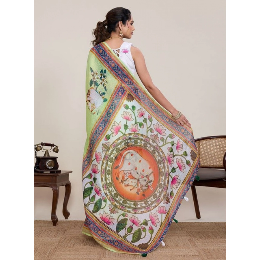 Generic Women's Linen Floral Printed Saree With Unstitched Blouse 5.5Mtr (Light Green) - Image 3