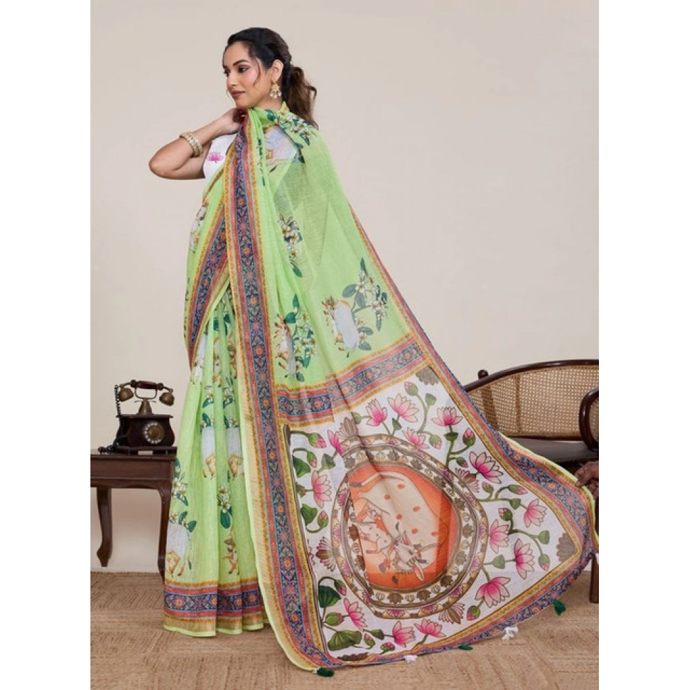 Generic Women's Linen Floral Printed Saree With Unstitched Blouse 5.5Mtr (Light Green) - Image 2