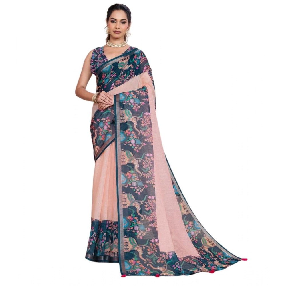 Generic Women's Linen Floral Printed Saree With Unstitched Blouse 5.5Mtr (Peach Pink) - Image 4