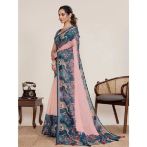 Generic Women's Linen Floral Printed Saree With Unstitched Blouse 5.5Mtr (Peach Pink)