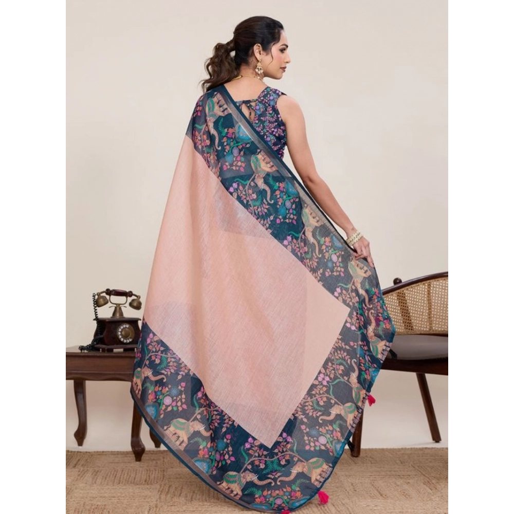 Generic Women's Linen Floral Printed Saree With Unstitched Blouse 5.5Mtr (Peach Pink) - Image 3