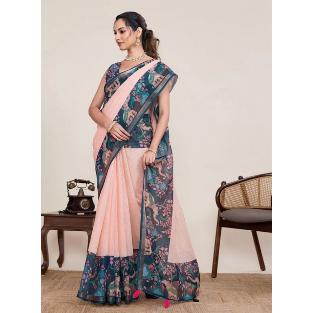 Generic Women's Linen Floral Printed Saree With Unstitched Blouse 5.5Mtr (Peach Pink) - Image 2