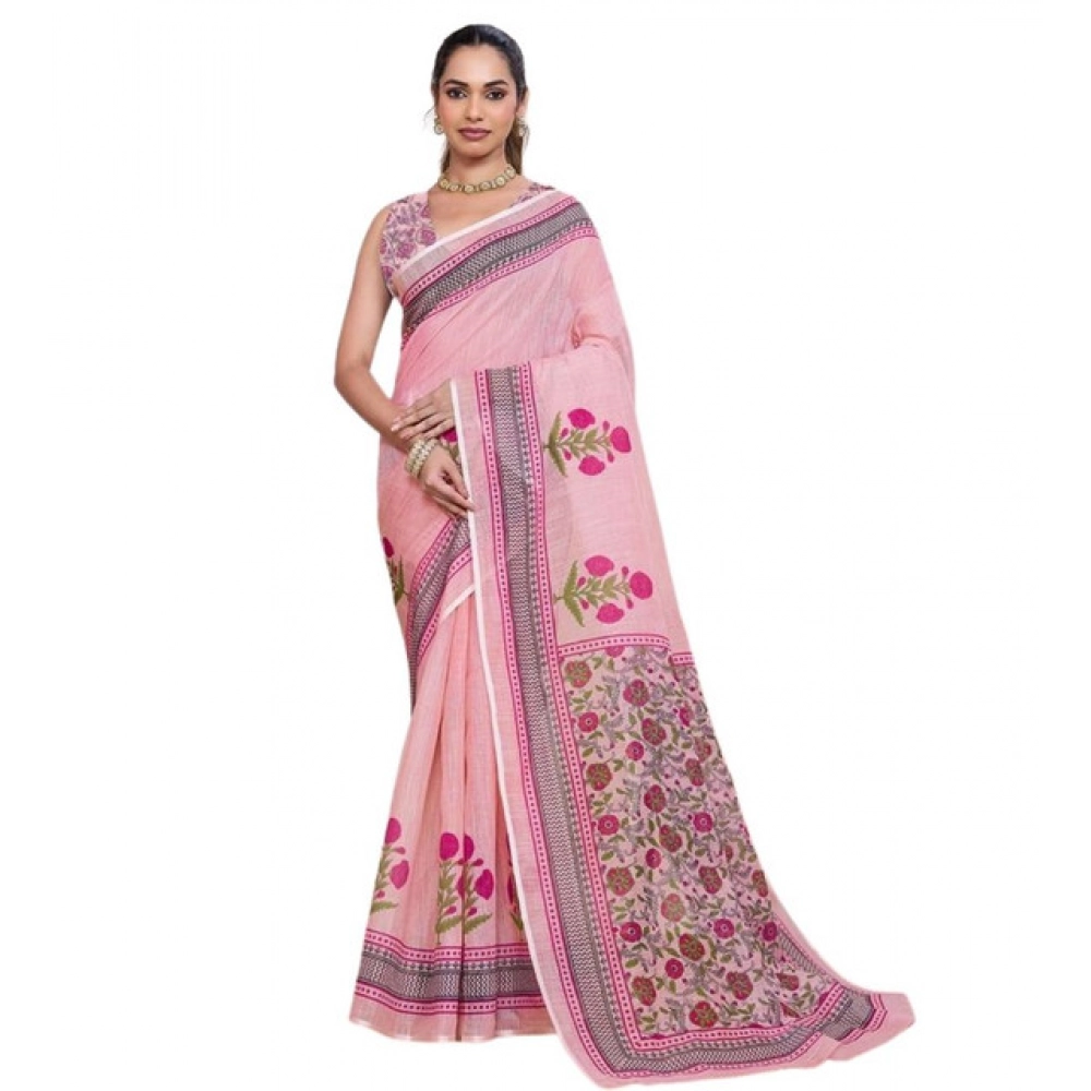 Generic Women's Linen Floral Printed Saree With Unstitched Blouse 5.5Mtr (Pink) - Image 4