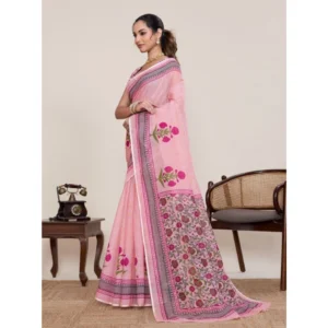 Generic Women's Linen Floral Printed Saree With Unstitched Blouse 5.5Mtr (Pink)