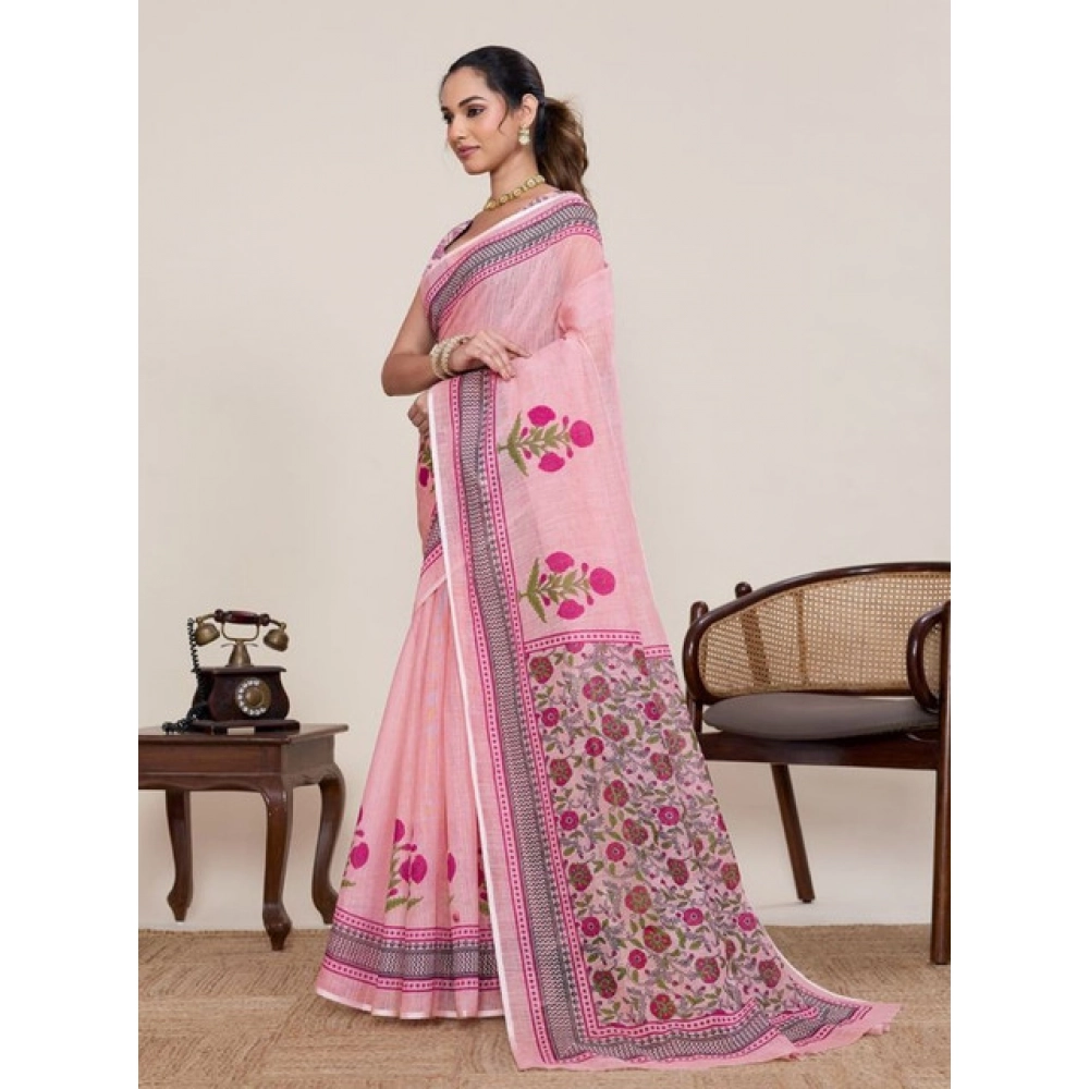 Generic Women's Linen Floral Printed Saree With Unstitched Blouse 5.5Mtr (Pink)