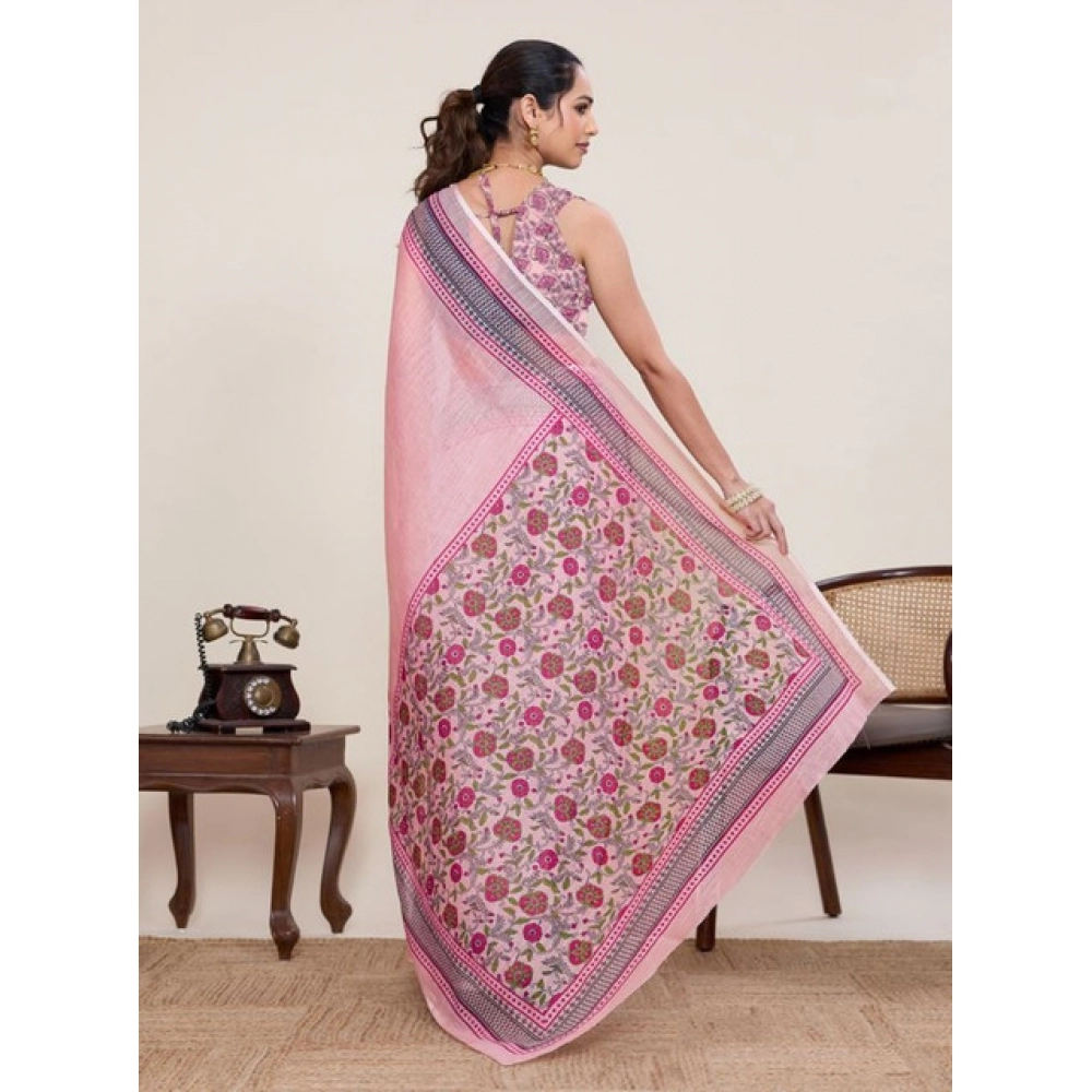 Generic Women's Linen Floral Printed Saree With Unstitched Blouse 5.5Mtr (Pink) - Image 3