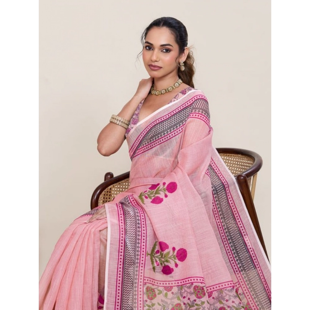 Generic Women's Linen Floral Printed Saree With Unstitched Blouse 5.5Mtr (Pink) - Image 2
