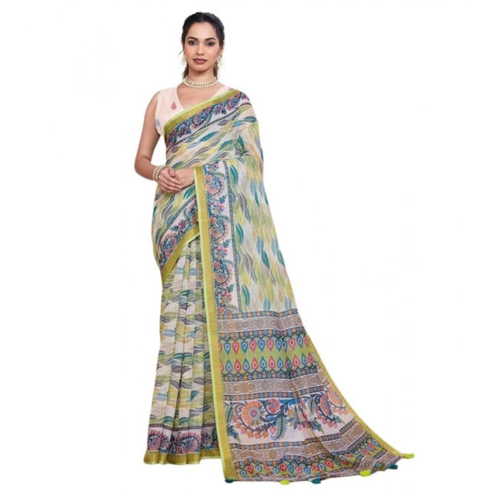 Generic Women's Linen Floral Printed Saree With Unstitched Blouse 5.5Mtr (Pista Green) - Image 4
