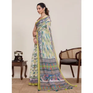 Generic Women's Linen Floral Printed Saree With Unstitched Blouse 5.5Mtr (Pista Green)