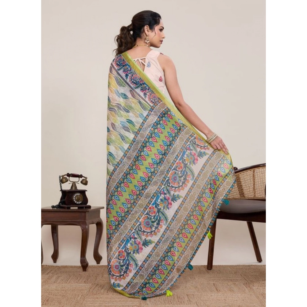 Generic Women's Linen Floral Printed Saree With Unstitched Blouse 5.5Mtr (Pista Green) - Image 3