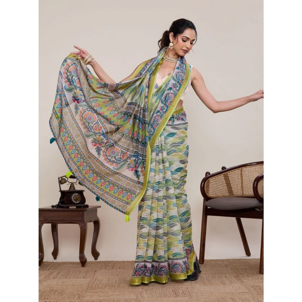 Generic Women's Linen Floral Printed Saree With Unstitched Blouse 5.5Mtr (Pista Green) - Image 2