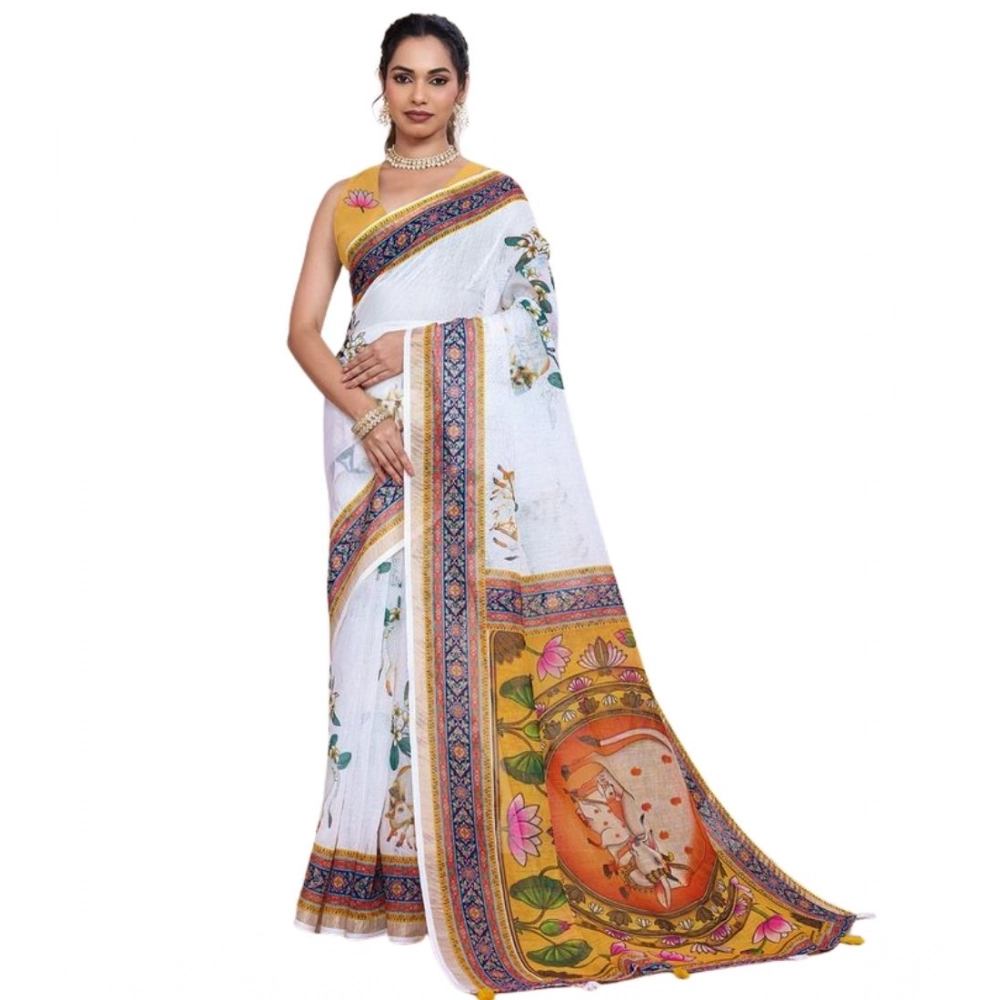 Generic Women's Linen Floral Printed Saree With Unstitched Blouse 5.5Mtr (White) - Image 4