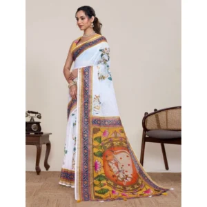Generic Women's Linen Floral Printed Saree With Unstitched Blouse 5.5Mtr (White)