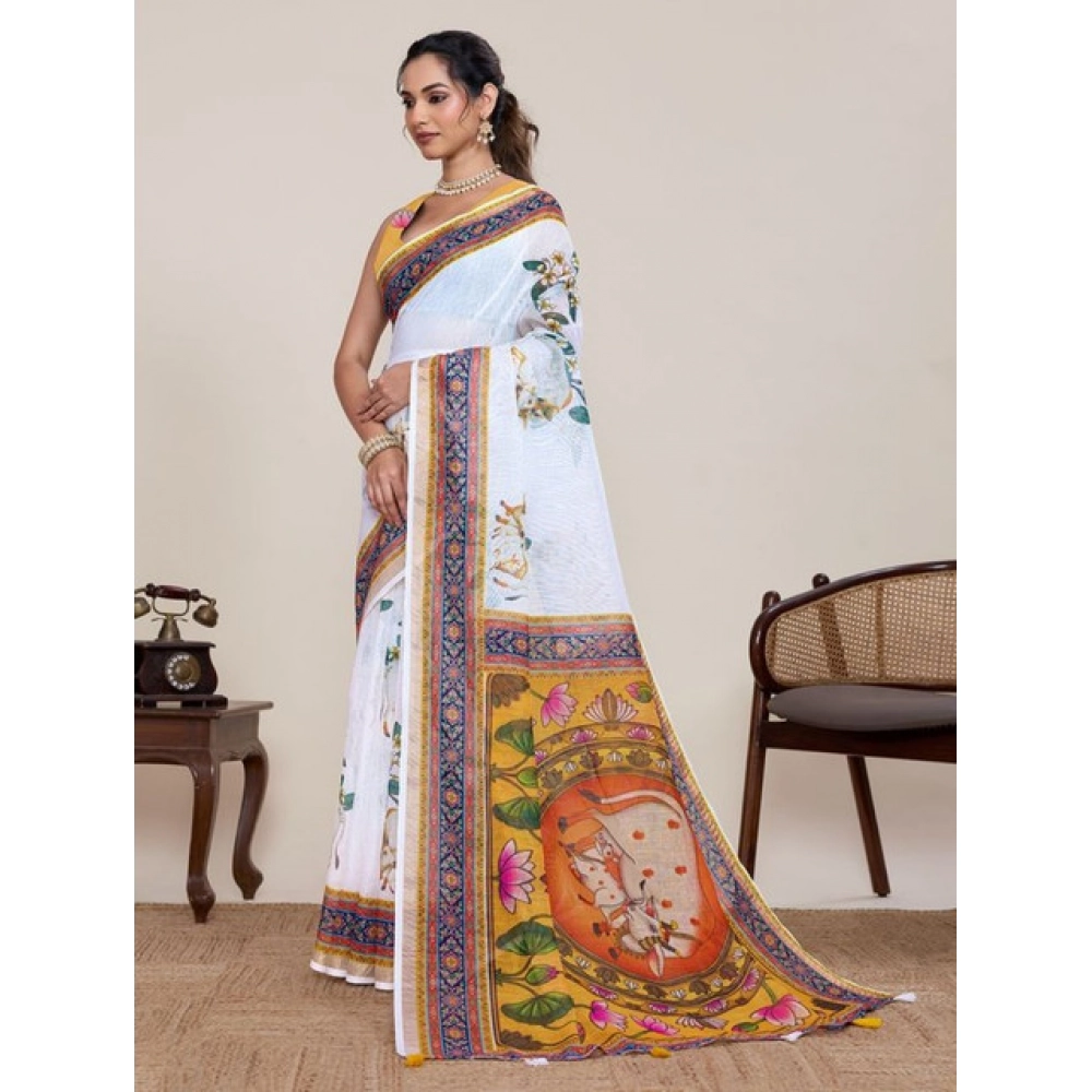 Generic Women's Linen Floral Printed Saree With Unstitched Blouse 5.5Mtr (White)