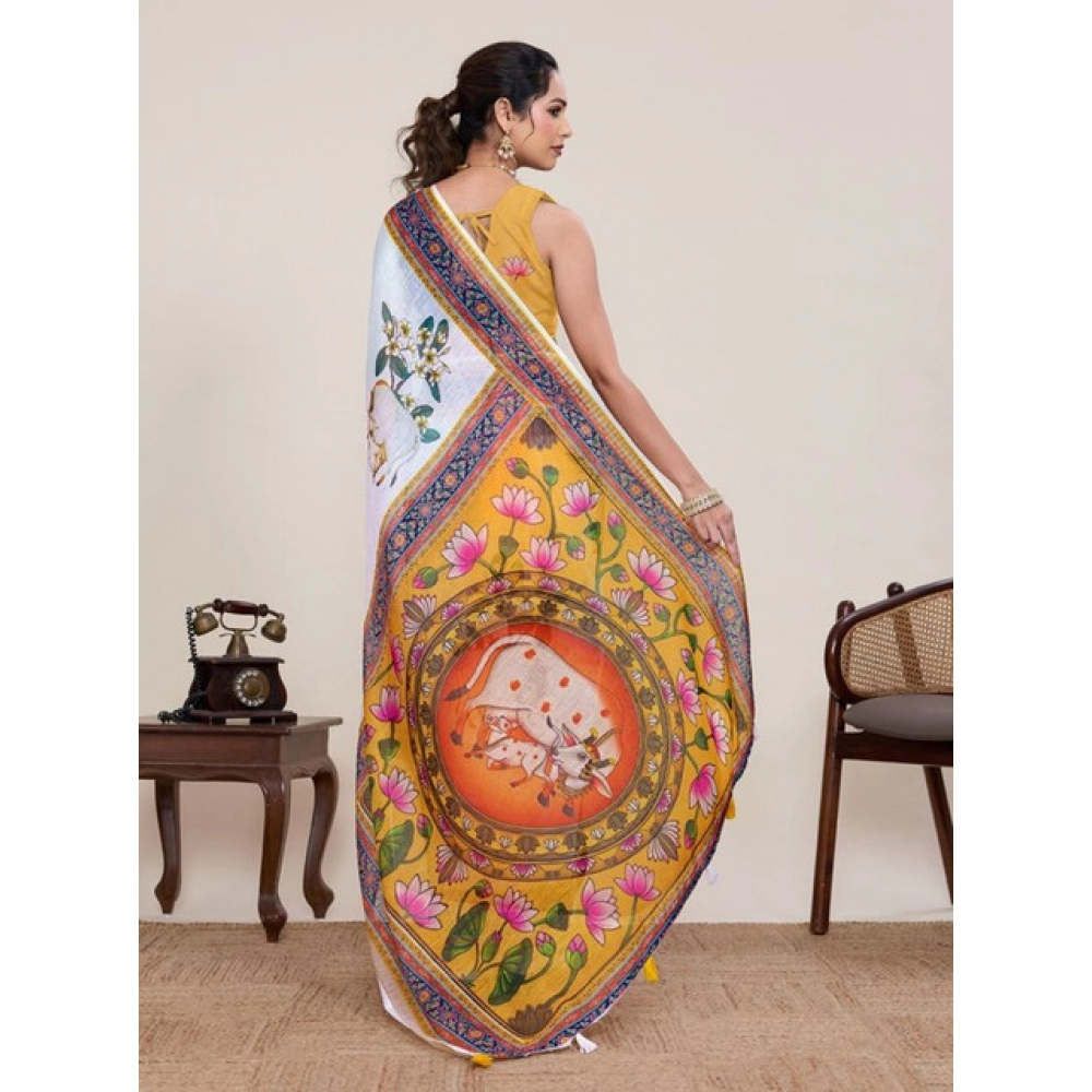 Generic Women's Linen Floral Printed Saree With Unstitched Blouse 5.5Mtr (White) - Image 3