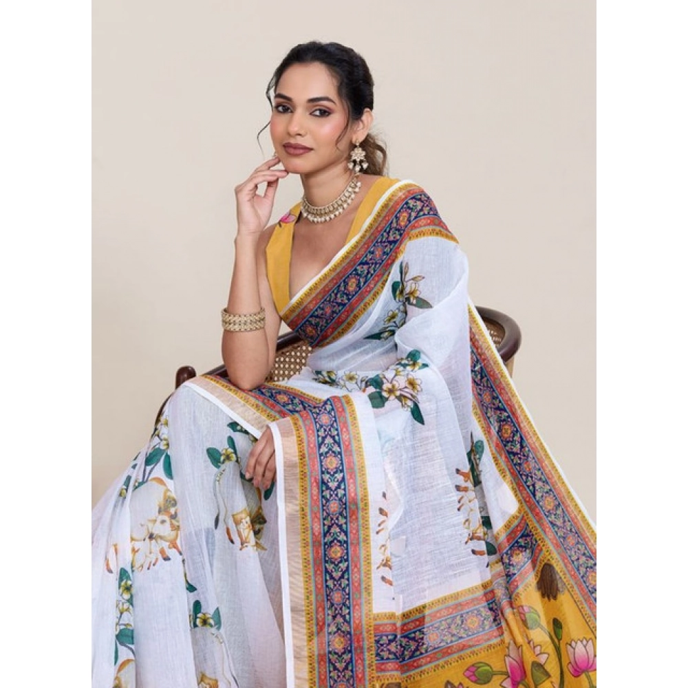 Generic Women's Linen Floral Printed Saree With Unstitched Blouse 5.5Mtr (White) - Image 2