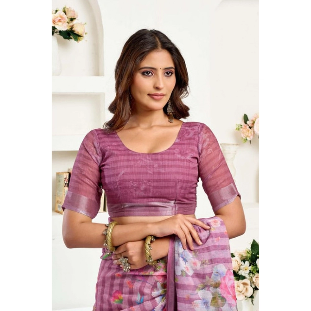 Generic Women's Faux Linen Floral Print Ready to wear Saree With Unstitched Blouse 5.5Mtr (Pink) - Image 2