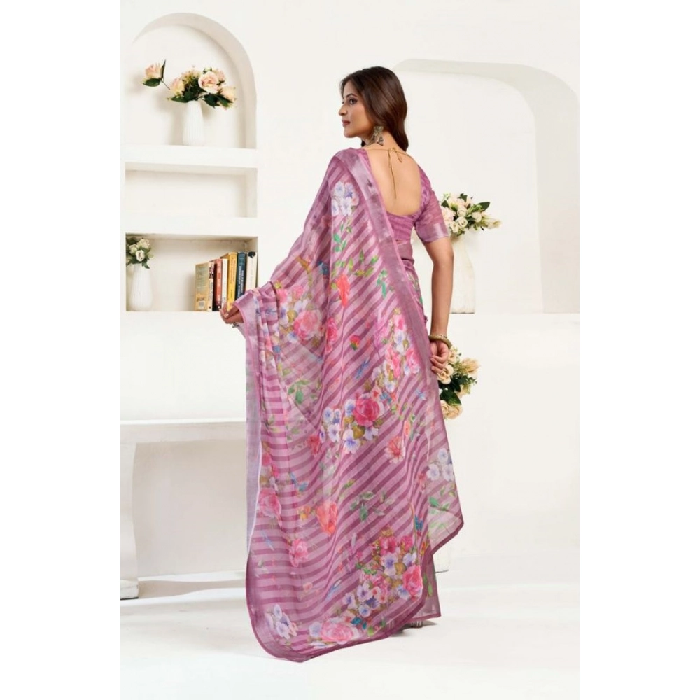 Generic Women's Faux Linen Floral Print Ready to wear Saree With Unstitched Blouse 5.5Mtr (Pink) - Image 4