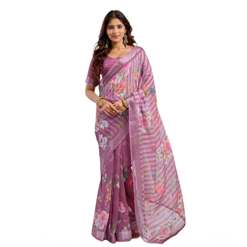 Generic Women's Faux Linen Floral Print Ready to wear Saree With Unstitched Blouse 5.5Mtr (Pink) - Image 5