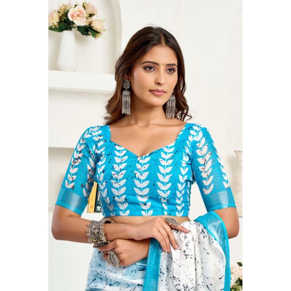Generic Women's Faux Linen Leaf Print Ready to wear Saree With Unstitched Blouse 5.5Mtr (SkyBlue & White) - Image 2