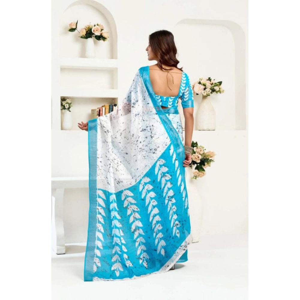Generic Women's Faux Linen Leaf Print Ready to wear Saree With Unstitched Blouse 5.5Mtr (SkyBlue & White) - Image 4