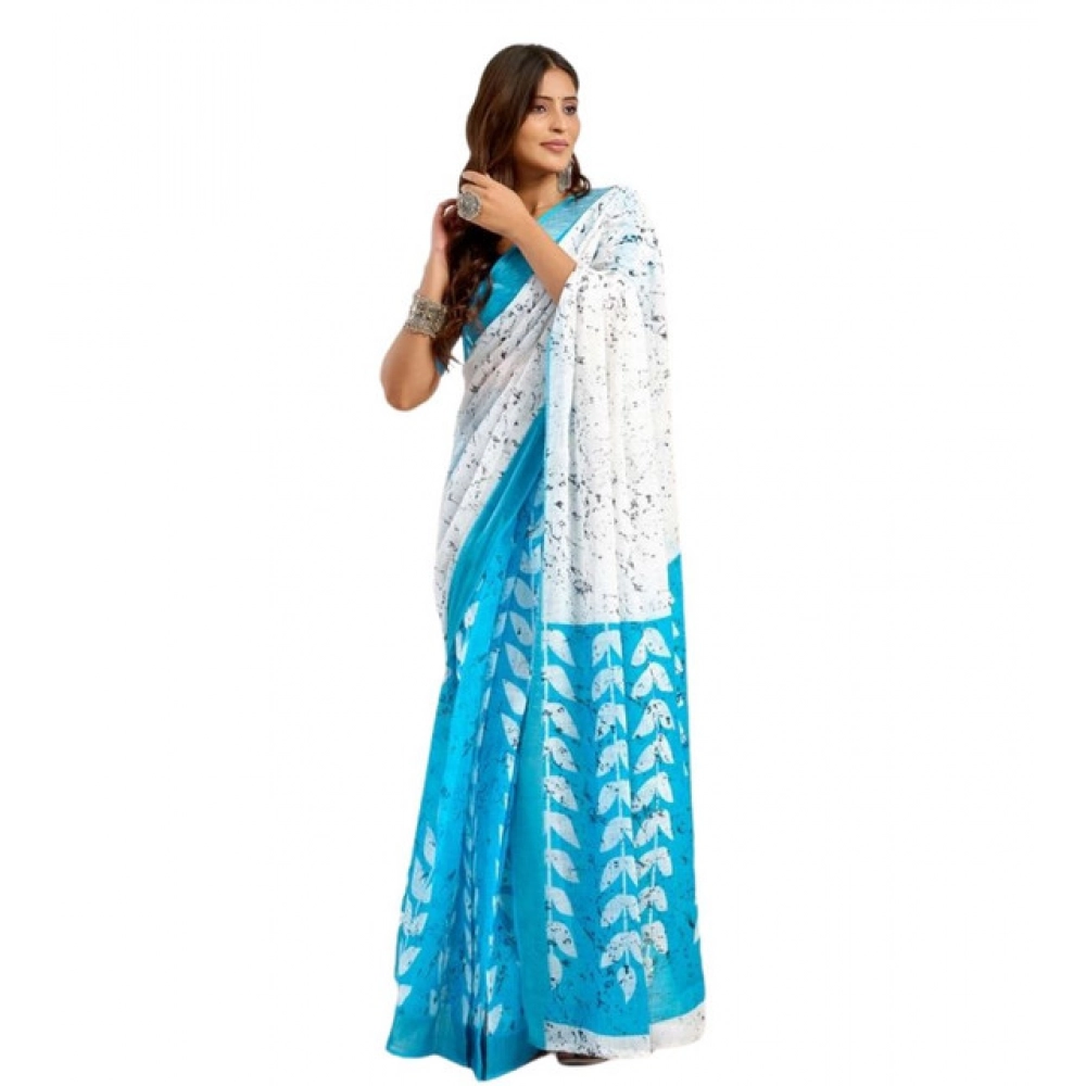 Generic Women's Faux Linen Leaf Print Ready to wear Saree With Unstitched Blouse 5.5Mtr (SkyBlue & White) - Image 5